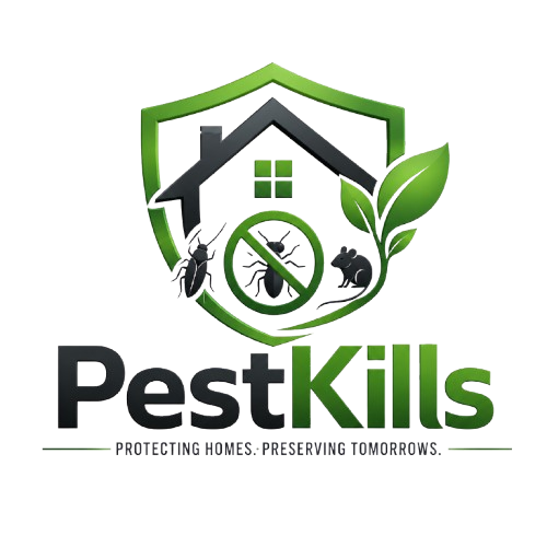 PestKills professional pest control logo featuring a shield, house, leaf, and pest protection icons