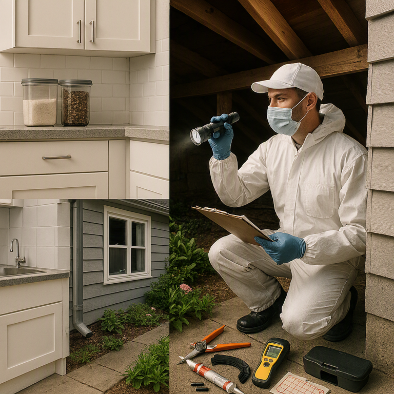 Integrated Pest Management (IPM) guide showing pest inspection, prevention, monitoring, and control methods in a modern home