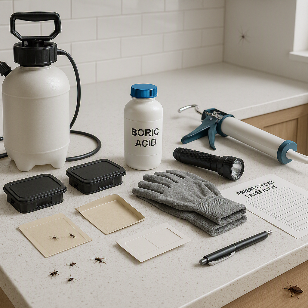 DIY pest control tools and supplies for homeowners including sprayer, bait stations, glue traps, boric acid, and pest inspection equipment.