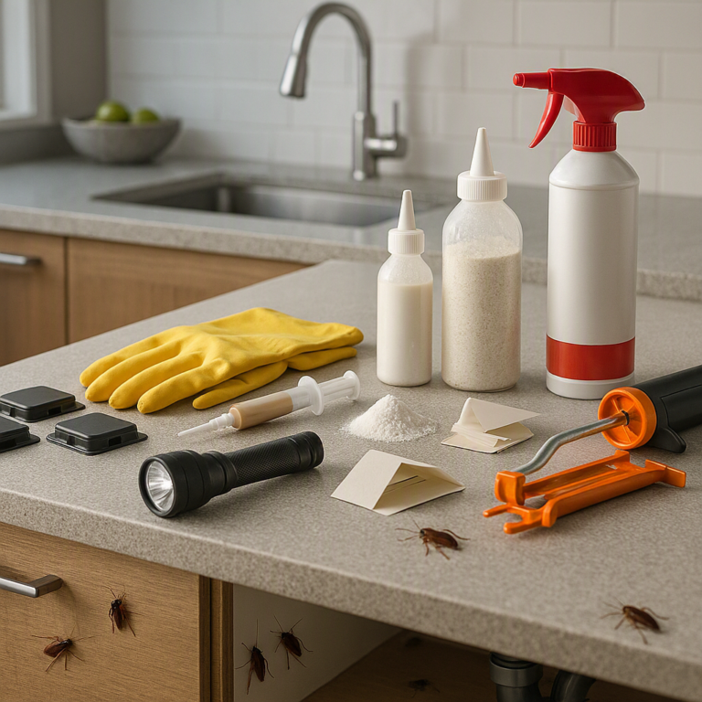 Get rid of cockroaches using gel bait, insecticide spray, glue traps, and boric acid in a modern kitchen.