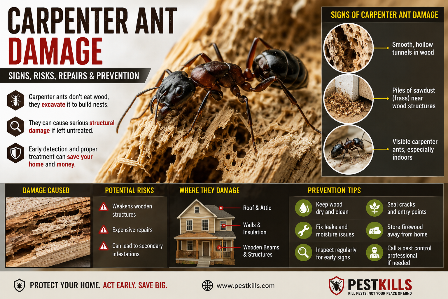 Carpenter ant damage exposed inside a hollowed wood beam