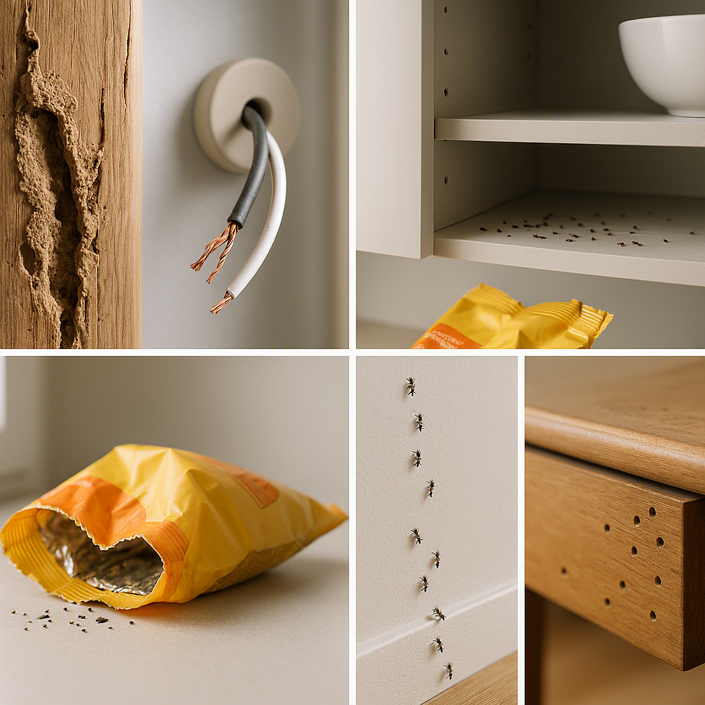 Common signs of pest damage including termite wood damage, rodent chew marks, cockroach droppings, and ant trails inside a home.