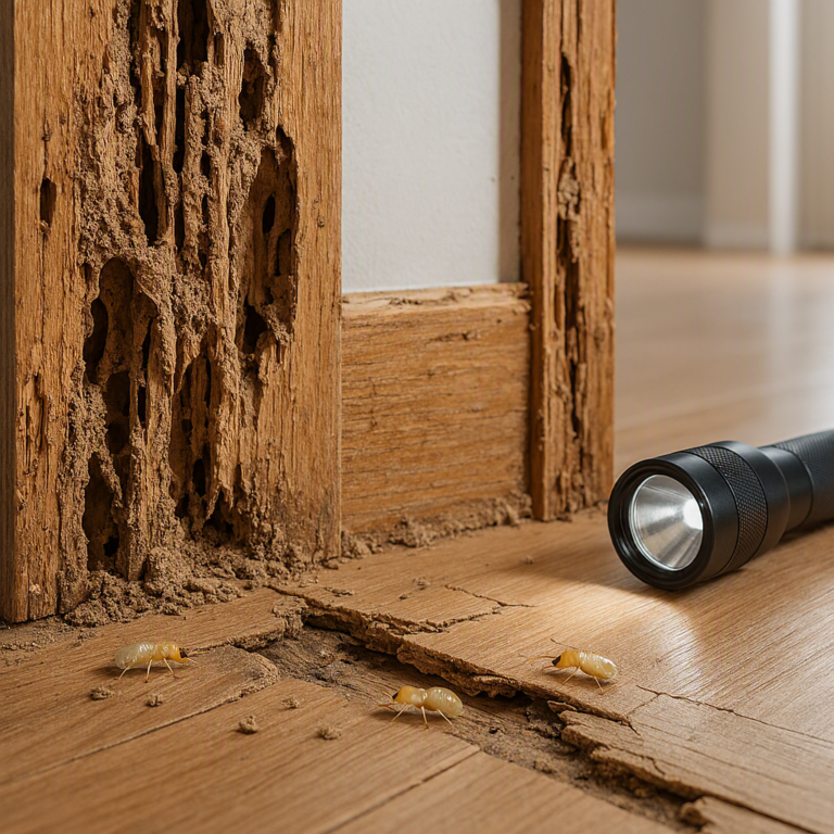 Termite damage in a wooden beam showing termite tunnels, hollow wood, and structural damage inside a home.