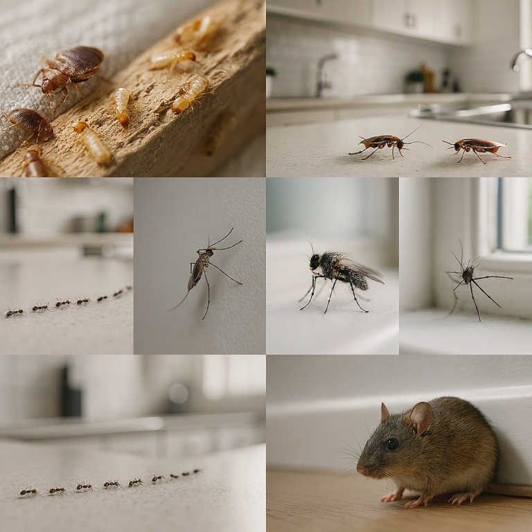 Common household pests including bed bugs, termites, cockroaches, ants, mosquitoes, spiders, flies, and mice inside a modern home.
