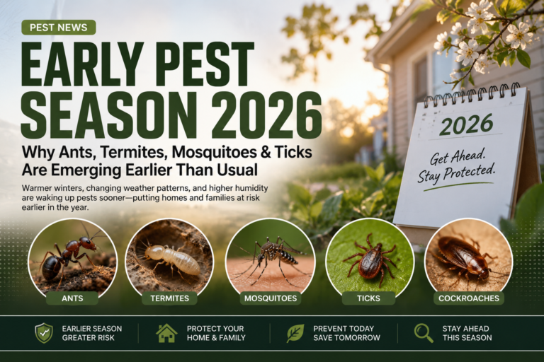 Early Pest Season 2026 showing ants, termites, mosquitoes, ticks, cockroaches, and rodents becoming active earlier due to warmer weather near a residential home.