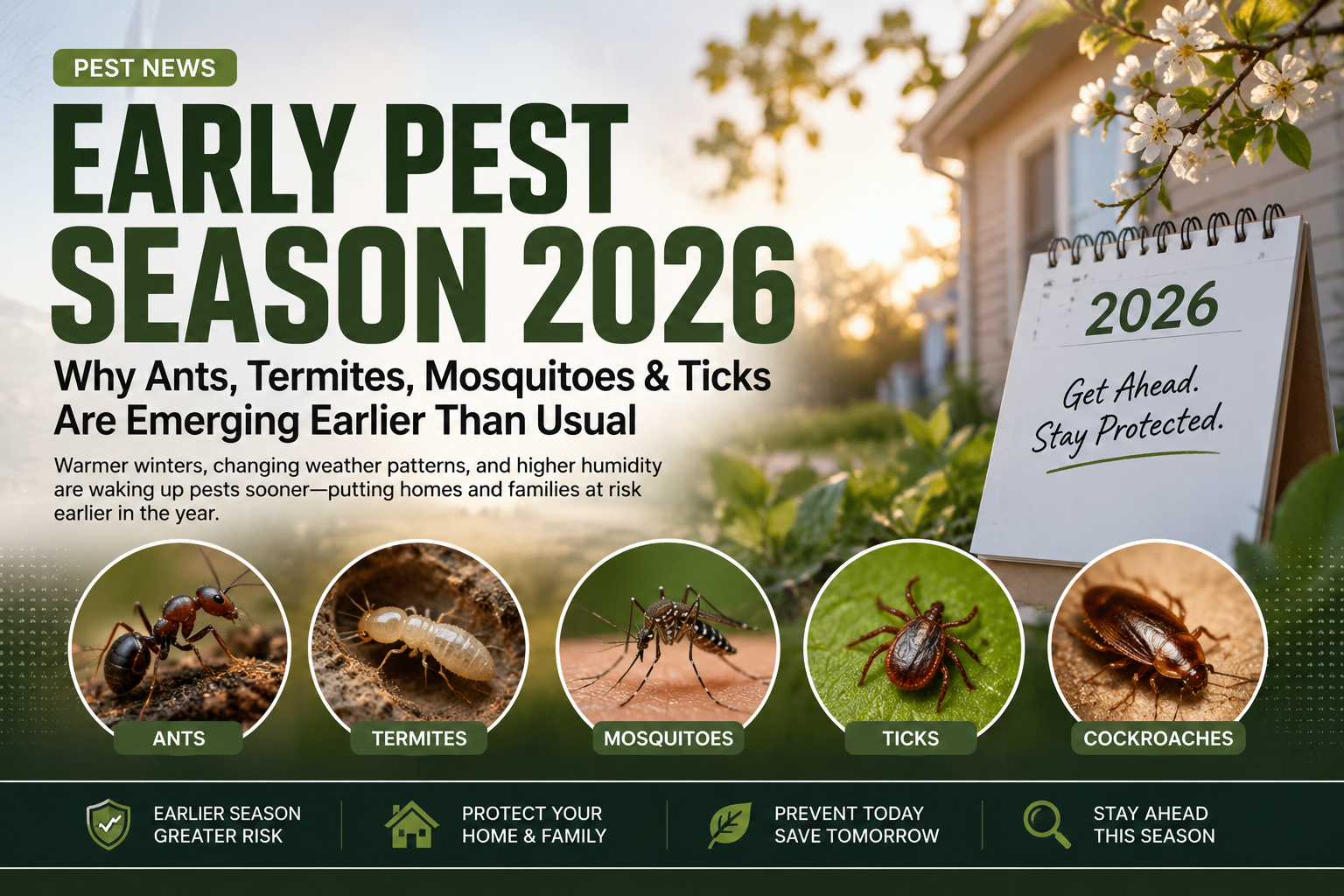 Early Pest Season 2026 showing ants, termites, mosquitoes, ticks, cockroaches, and rodents becoming active earlier due to warmer weather near a residential home.