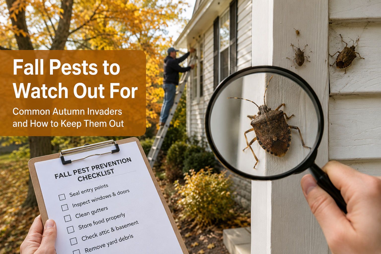 Homeowner sealing exterior gaps to prevent fall pests like stink bugs from entering a suburban home in autumn.